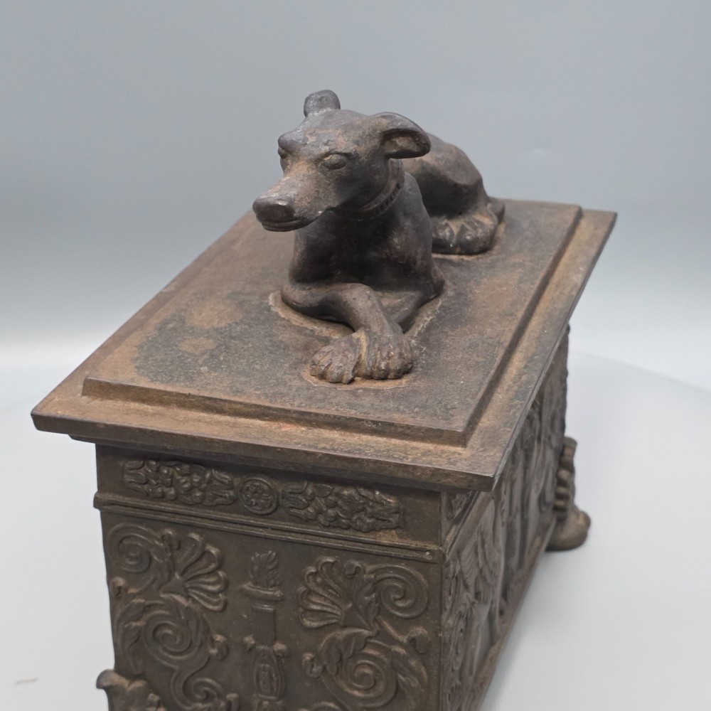 19thc Bronzed Russian Iron Casket, with Mounted Hound View V