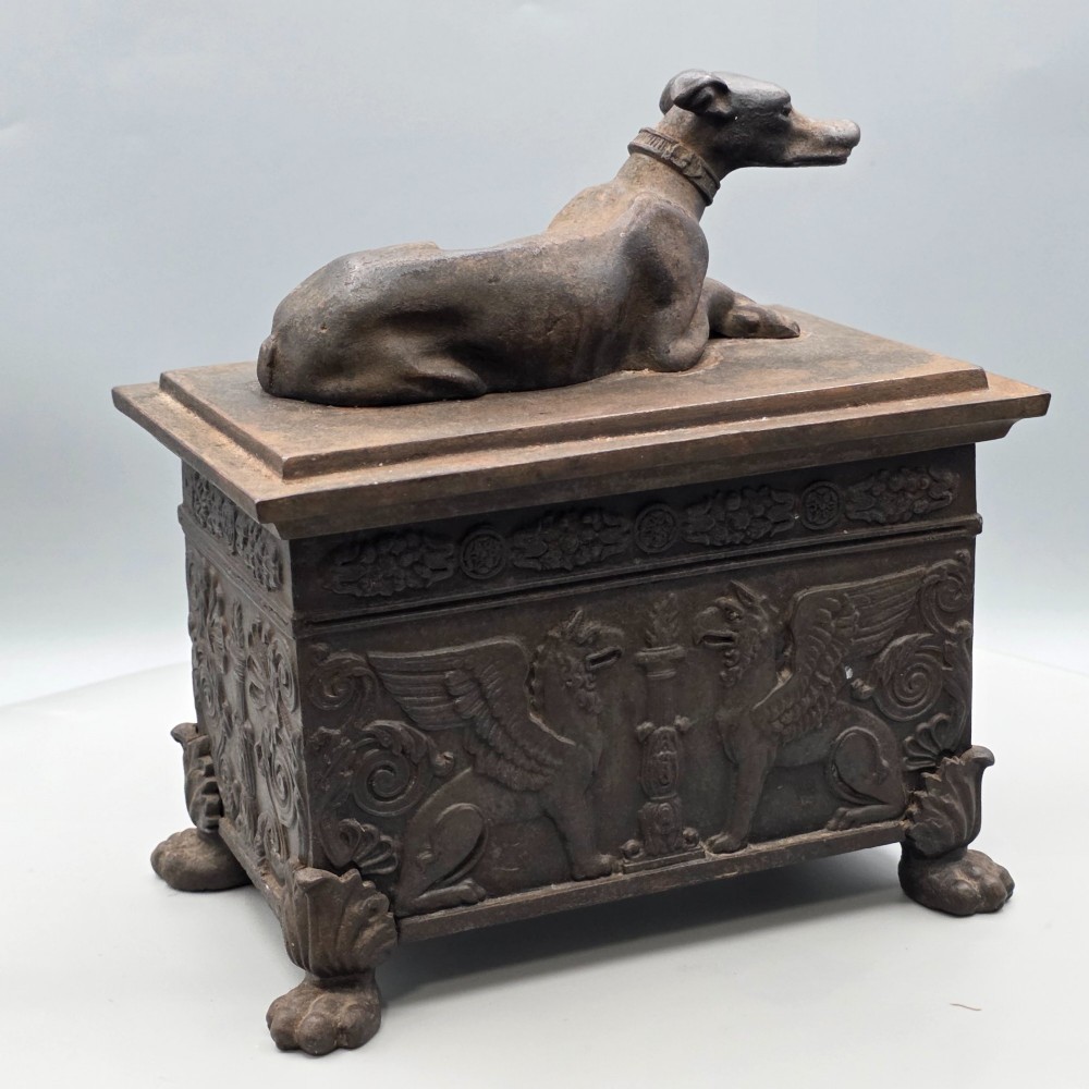 19thc Bronzed Russian Iron Casket, with Mounted Hound View X