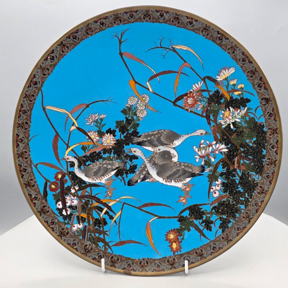 Superb Japanese Enamel Cloisonne Charger Meiji Period - Geese and Flowers c1890