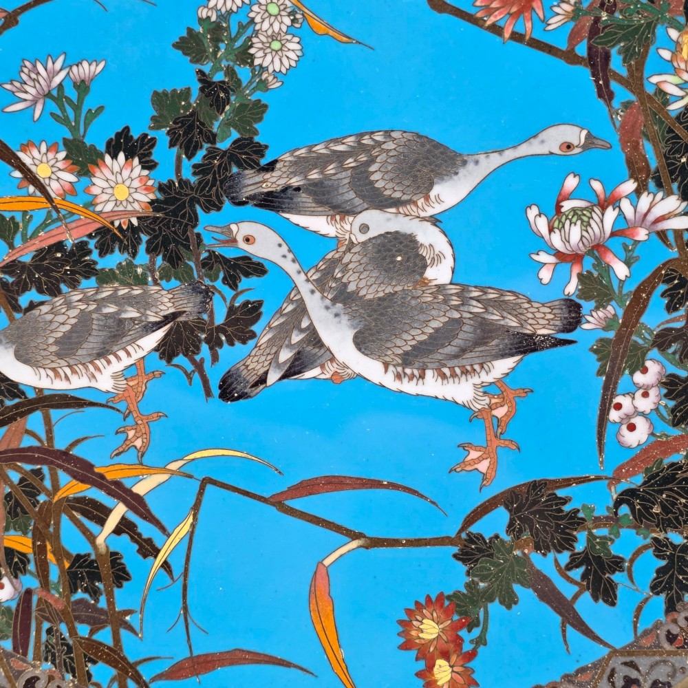 A circular Japanese cloisonne enamel charger depicting three wild geese amidst chrysanthemums against a vivid turquoise background. View II
