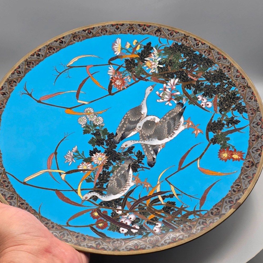 A circular Japanese cloisonne enamel charger depicting three wild geese amidst chrysanthemums against a vivid turquoise background. View VIII