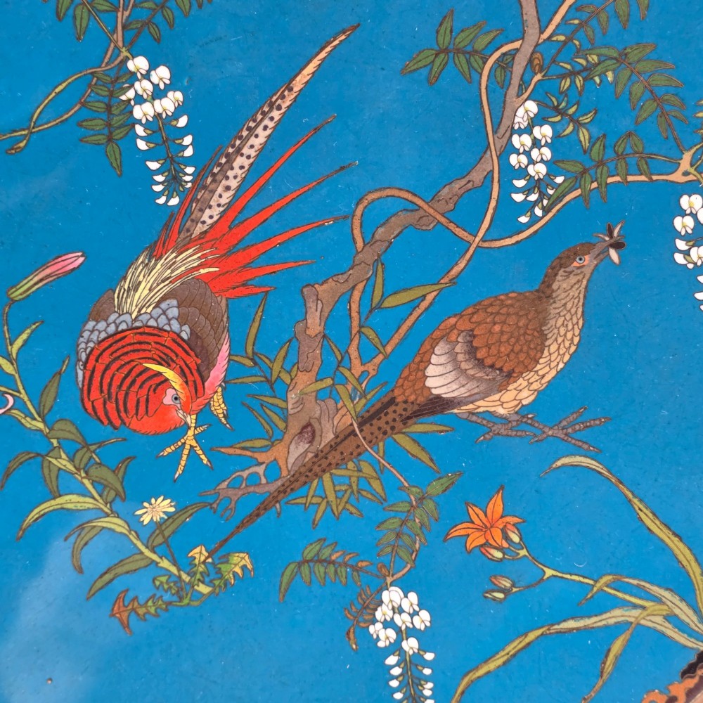 A circular Japanese Meiji period cloisonne enamel charger depicting birds perched on branches with flowers against a bright blue background. View III