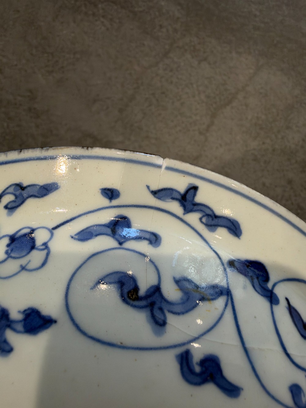 A circular 17th-century Chinese Kraak porcelain dish featuring underglaze cobalt blue panelled decoration surrounding a central landscape reserve. View XII