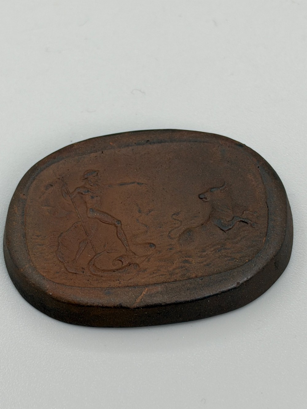 Late 18Th/Early 19Thc English Red Stoneware Oval Medallion Depicting Poseidon Calling The Cretan Bull
