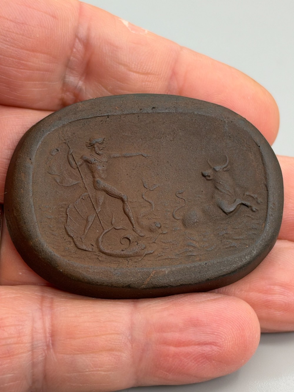 Late 18Th/Early 19Thc English Red Stoneware Oval Medallion Depicting Poseidon Calling The Cretan Bull View II