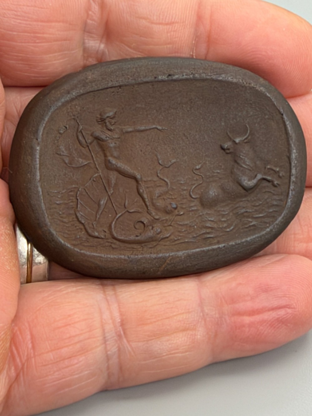Late 18Th/Early 19Thc English Red Stoneware Oval Medallion Depicting Poseidon Calling The Cretan Bull View III