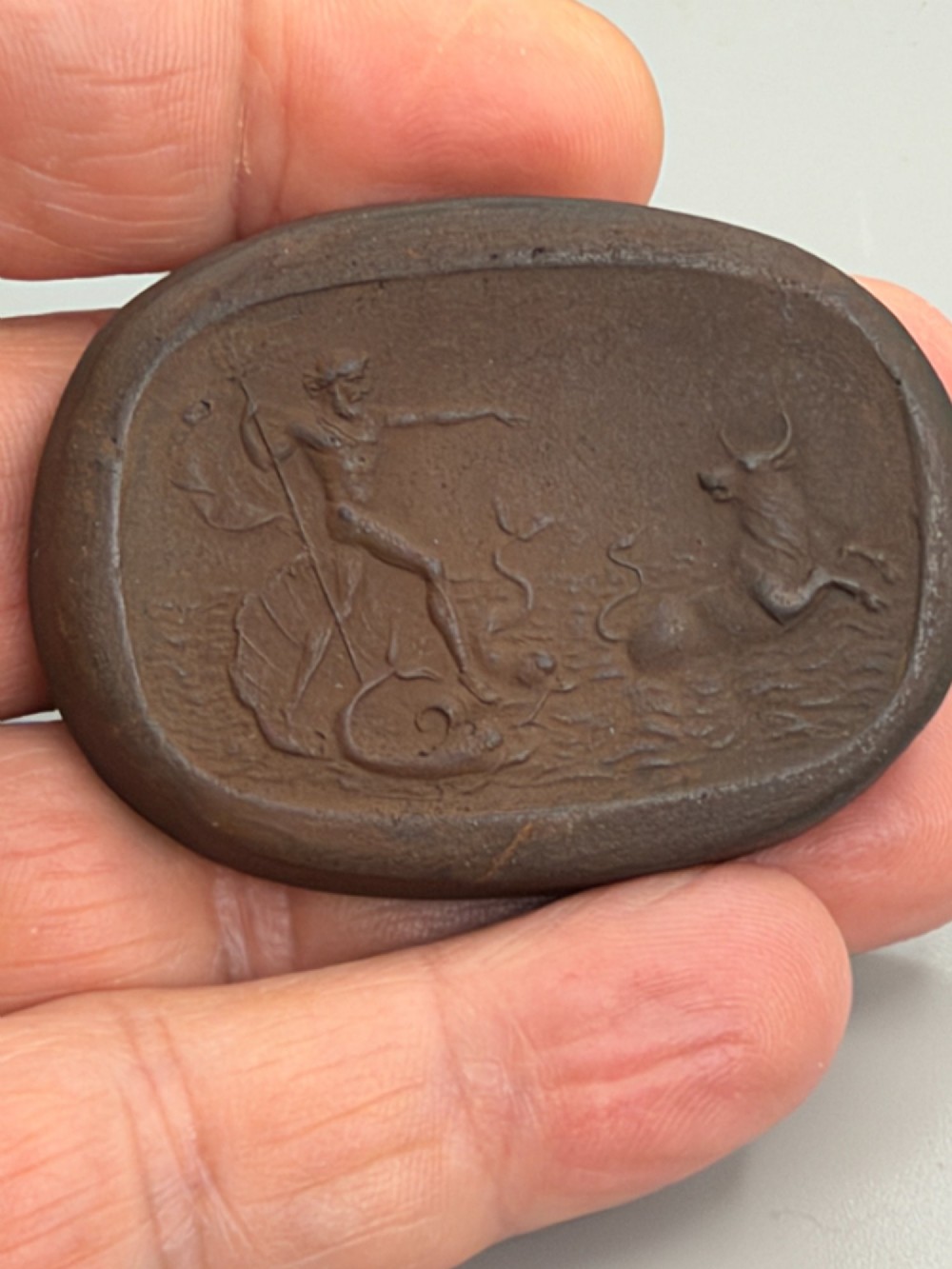 Late 18Th/Early 19Thc English Red Stoneware Oval Medallion Depicting Poseidon Calling The Cretan Bull View IV