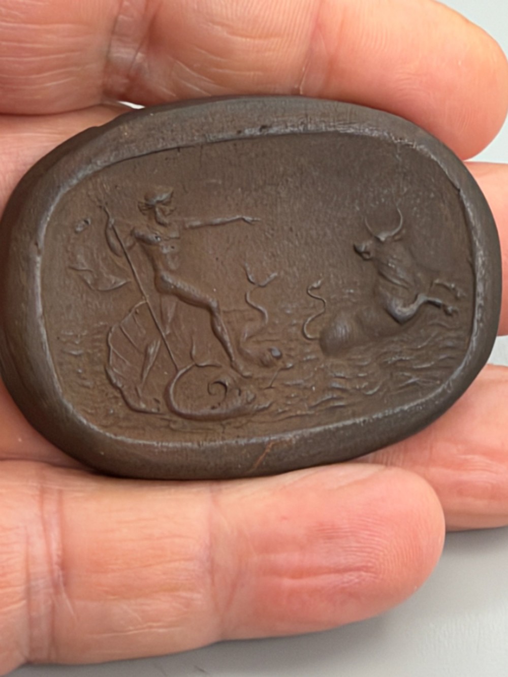 Late 18Th/Early 19Thc English Red Stoneware Oval Medallion Depicting Poseidon Calling The Cretan Bull View VI