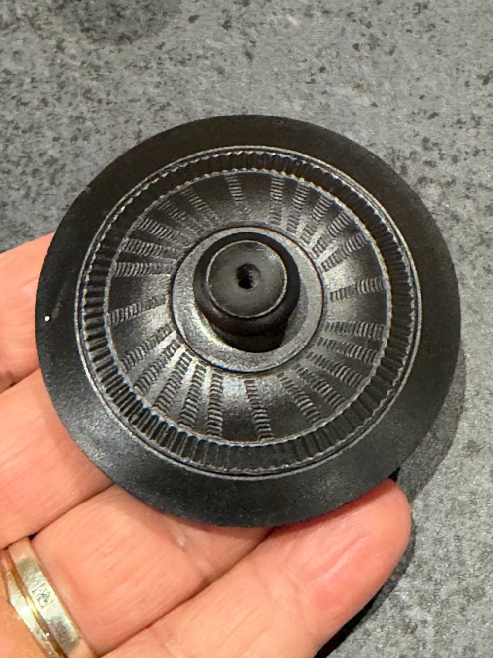 A matte black Georgian basalt stoneware teapot featuring engine-turned geometric band pattern detail and a decorative moulded handle. View VIII