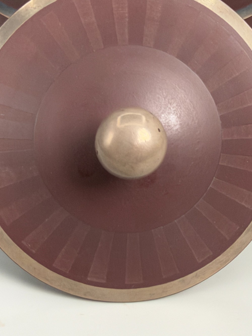 An 18th-century terracotta-coloured red stoneware sugar basin and lid with engine-turned vertical fluting and a metal ball finial. View VII