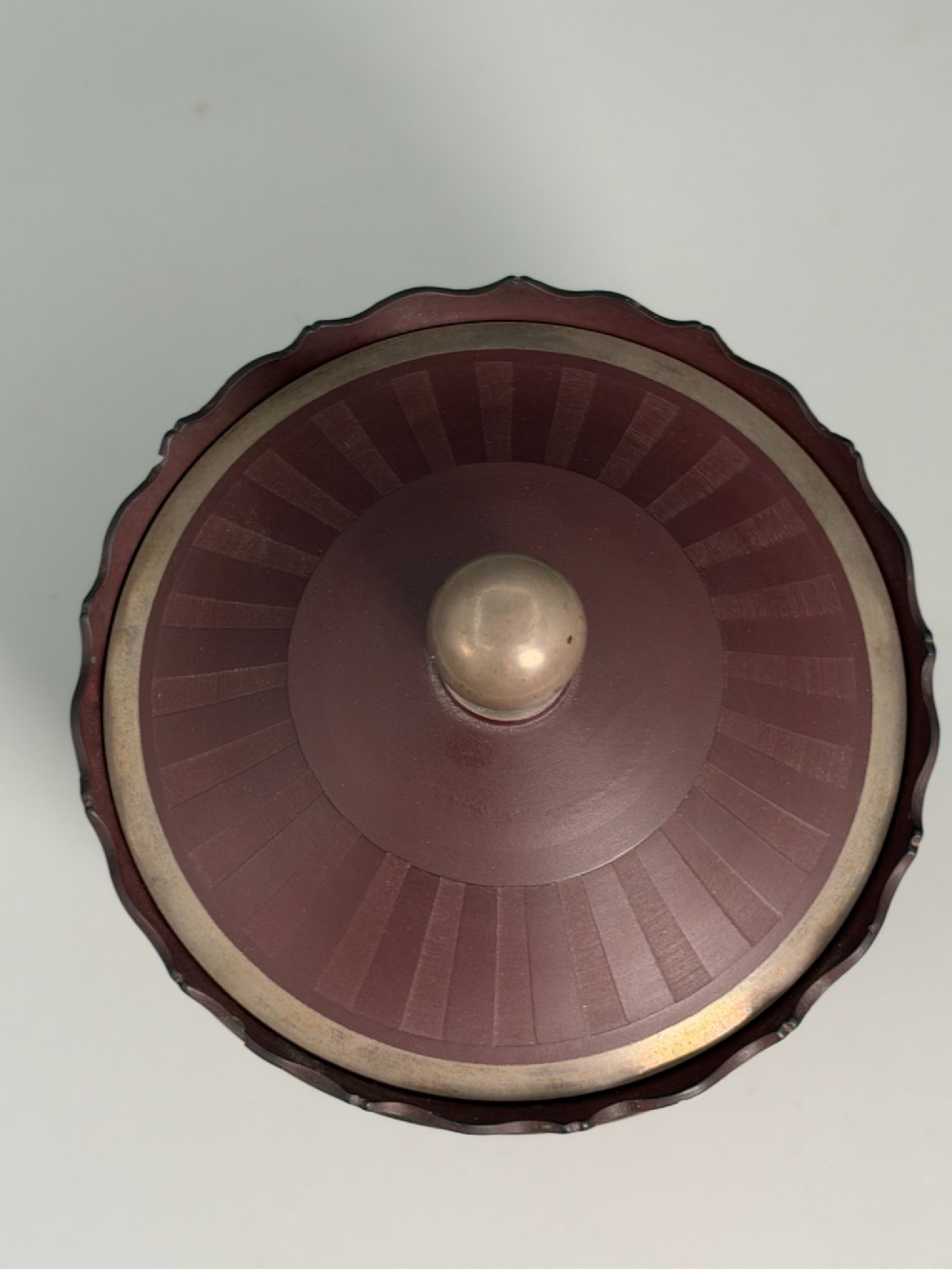 An 18th-century terracotta-coloured red stoneware sugar basin and lid with engine-turned vertical fluting and a metal ball finial. View XV
