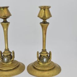 ATTRACTIVE PAIR OF 19THC BRONZE CANDLESTICKS WITH CAMEO INSERTS