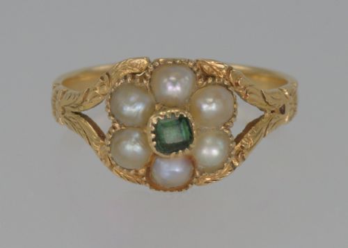 georgian 15ct gold emerald pearl antique cluster ring circa 1820 regency memorial - CATEGORY: ANTIQUE JEWELLERY - DATED 1800