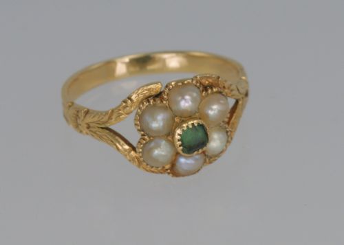 GEORGIAN 15CT GOLD EMERALD PEARL ANTIQUE CLUSTER RING CIRCA 1820 REGENCY MEMORIAL - ADDITIONAL PHOTO 1