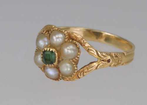 GEORGIAN 15CT GOLD EMERALD PEARL ANTIQUE CLUSTER RING CIRCA 1820 REGENCY MEMORIAL - ADDITIONAL PHOTO 2