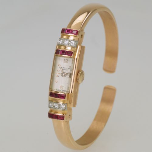 Art Deco Baume & Mercier 18ct Gold Diamond & Ruby Vintage Bangle Watch 1940'S