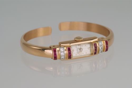 fig 2. Art Deco Baume & Mercier 18ct Gold Diamond & Ruby Vintage Bangle Watch 1940's