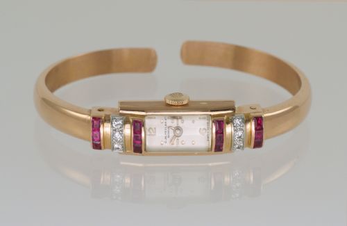fig 3. Art Deco Baume & Mercier 18ct Gold Diamond & Ruby Vintage Bangle Watch 1940's