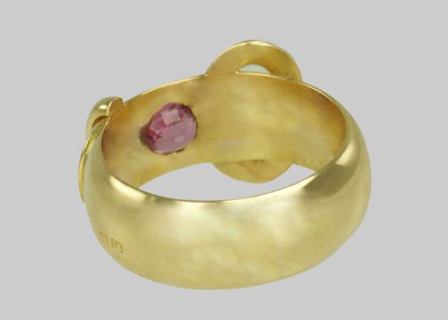 VICTORIAN 18CT GOLD GARNET BUCKLE RING BIRMINGHAM 1883 ANTIQUE ENGLISH RING - ADDITIONAL PHOTO 2