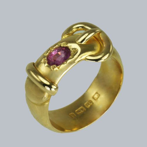 VICTORIAN 18CT GOLD GARNET BUCKLE RING BIRMINGHAM 1883 ANTIQUE ENGLISH RING - ADDITIONAL PHOTO 4