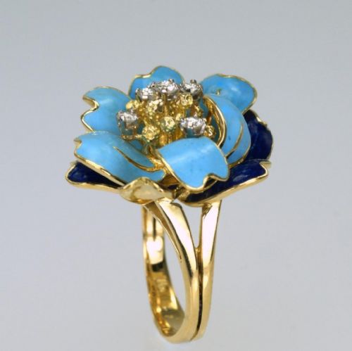 vintage kutchinsky diamond blue enamel 18ct gold flower dress ring london 1969 - CATEGORY: ANTIQUE JEWELLERY - DATED LATER THAN 1960