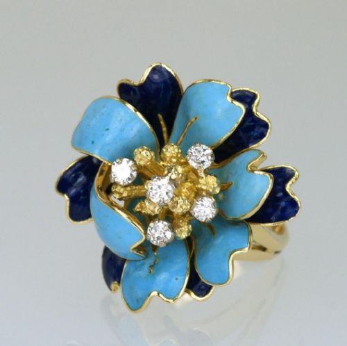 VINTAGE KUTCHINSKY DIAMOND BLUE ENAMEL 18CT GOLD FLOWER DRESS RING LONDON 1969 - ADDITIONAL PHOTO 1