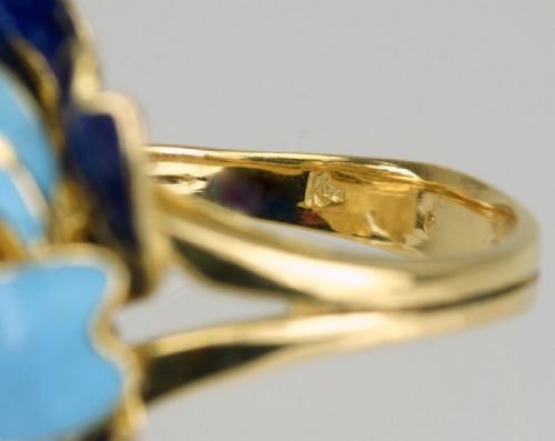 VINTAGE KUTCHINSKY DIAMOND BLUE ENAMEL 18CT GOLD FLOWER DRESS RING LONDON 1969 - ADDITIONAL PHOTO 2