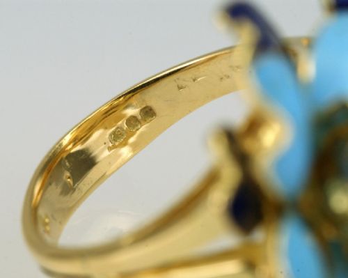 VINTAGE KUTCHINSKY DIAMOND BLUE ENAMEL 18CT GOLD FLOWER DRESS RING LONDON 1969 - ADDITIONAL PHOTO 3