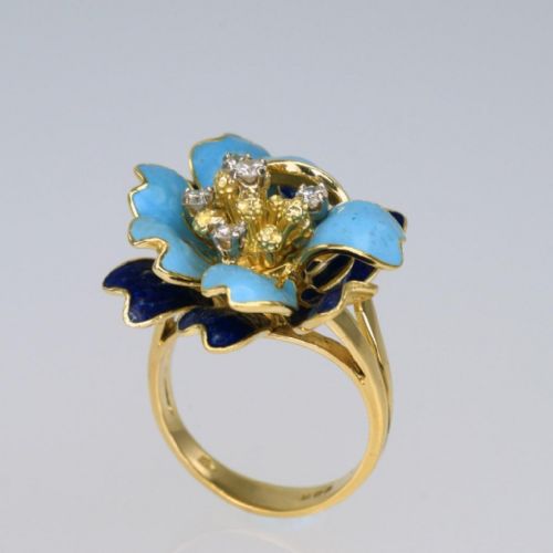 VINTAGE KUTCHINSKY DIAMOND BLUE ENAMEL 18CT GOLD FLOWER DRESS RING LONDON 1969 - ADDITIONAL PHOTO 4