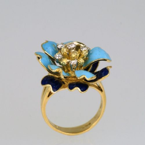 VINTAGE KUTCHINSKY DIAMOND BLUE ENAMEL 18CT GOLD FLOWER DRESS RING LONDON 1969 - ADDITIONAL PHOTO 5