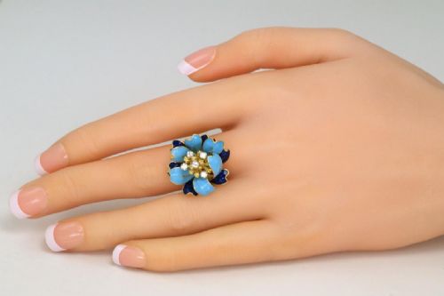 VINTAGE KUTCHINSKY DIAMOND BLUE ENAMEL 18CT GOLD FLOWER DRESS RING LONDON 1969 - ADDITIONAL PHOTO 6