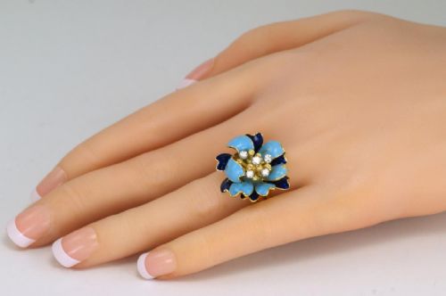 VINTAGE KUTCHINSKY DIAMOND BLUE ENAMEL 18CT GOLD FLOWER DRESS RING LONDON 1969 - ADDITIONAL PHOTO 7