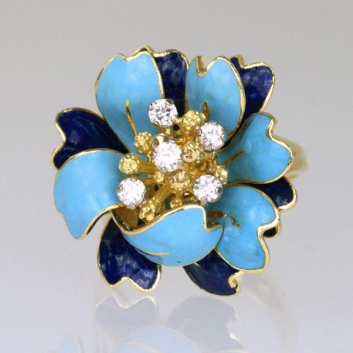 VINTAGE KUTCHINSKY DIAMOND BLUE ENAMEL 18CT GOLD FLOWER DRESS RING LONDON 1969 - ADDITIONAL PHOTO 9
