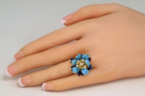 VINTAGE KUTCHINSKY DIAMOND BLUE ENAMEL 18CT GOLD FLOWER DRESS RING LONDON 1969 - ADDITIONAL PHOTO 10