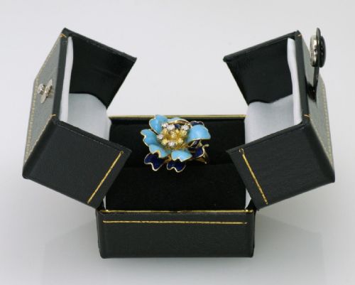 VINTAGE KUTCHINSKY DIAMOND BLUE ENAMEL 18CT GOLD FLOWER DRESS RING LONDON 1969 - ADDITIONAL PHOTO 11