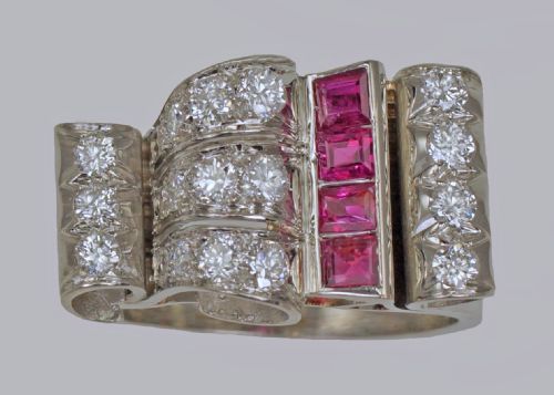 diamond ruby 1940's large retro ring 18ct gold art deco antique cocktail ring - CATEGORY: ANTIQUE JEWELLERY - DATED 1940