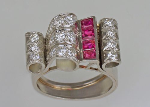 DIAMOND RUBY 1940'S LARGE RETRO RING 18CT GOLD ART DECO ANTIQUE COCKTAIL RING - ADDITIONAL PHOTO 1