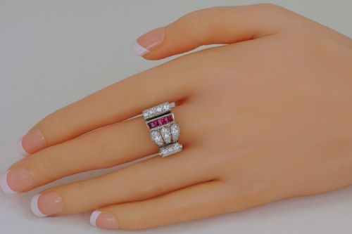 DIAMOND RUBY 1940'S LARGE RETRO RING 18CT GOLD ART DECO ANTIQUE COCKTAIL RING - ADDITIONAL PHOTO 3