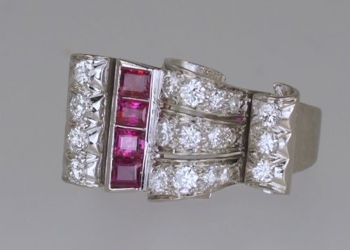 DIAMOND RUBY 1940'S LARGE RETRO RING 18CT GOLD ART DECO ANTIQUE COCKTAIL RING - ADDITIONAL PHOTO 4