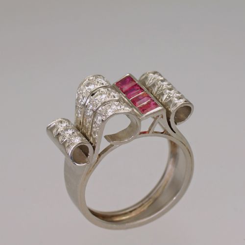 DIAMOND RUBY 1940'S LARGE RETRO RING 18CT GOLD ART DECO ANTIQUE COCKTAIL RING - ADDITIONAL PHOTO 8