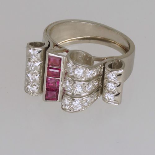DIAMOND RUBY 1940'S LARGE RETRO RING 18CT GOLD ART DECO ANTIQUE COCKTAIL RING - ADDITIONAL PHOTO 9