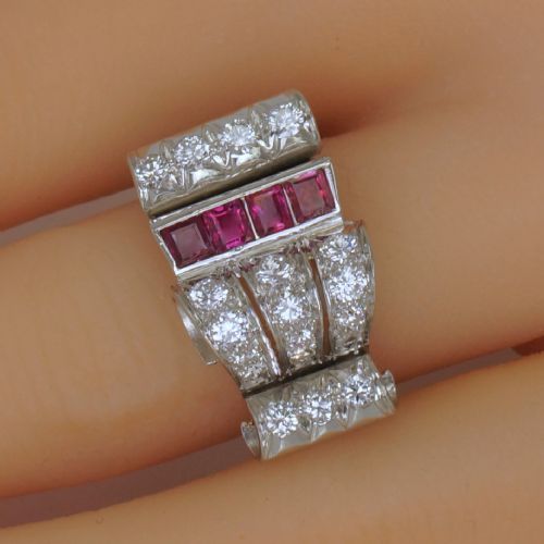 DIAMOND RUBY 1940'S LARGE RETRO RING 18CT GOLD ART DECO ANTIQUE COCKTAIL RING - ADDITIONAL PHOTO 13