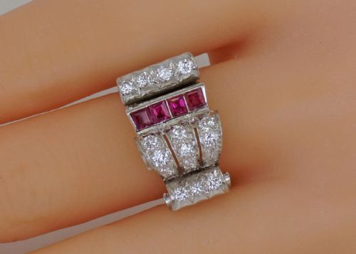 DIAMOND RUBY 1940'S LARGE RETRO RING 18CT GOLD ART DECO ANTIQUE COCKTAIL RING - ADDITIONAL PHOTO 14