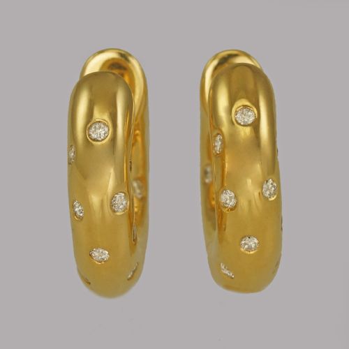 18ct gold 100ct diamond 18cm hoop vintage etoile earrings with hinged snap closure posts for pierced ears - CATEGORY: ANTIQUE JEWELLERY - DATED 1960