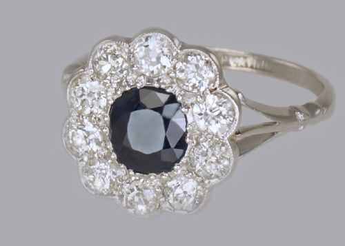 sapphire 150ct old cut diamond platinum edwardian ring antique english cluster ring - CATEGORY: ANTIQUE JEWELLERY - DATED EDWARDIAN