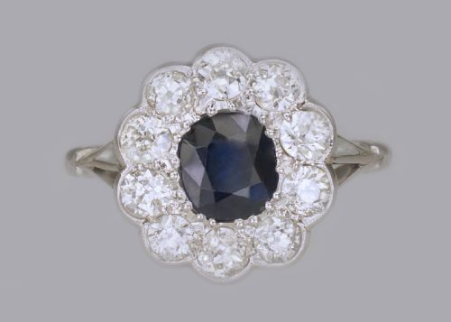 SAPPHIRE 150CT OLD CUT DIAMOND PLATINUM EDWARDIAN RING ANTIQUE ENGLISH CLUSTER RING - ADDITIONAL PHOTO 2