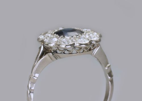 SAPPHIRE 150CT OLD CUT DIAMOND PLATINUM EDWARDIAN RING ANTIQUE ENGLISH CLUSTER RING - ADDITIONAL PHOTO 3