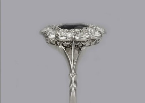 SAPPHIRE 150CT OLD CUT DIAMOND PLATINUM EDWARDIAN RING ANTIQUE ENGLISH CLUSTER RING - ADDITIONAL PHOTO 4