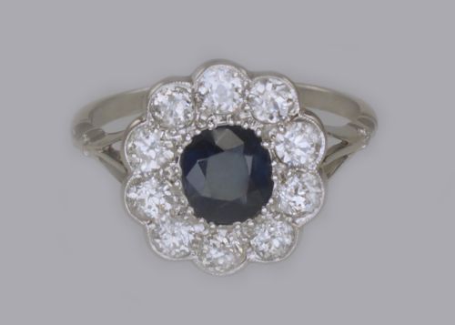 SAPPHIRE 150CT OLD CUT DIAMOND PLATINUM EDWARDIAN RING ANTIQUE ENGLISH CLUSTER RING - ADDITIONAL PHOTO 7