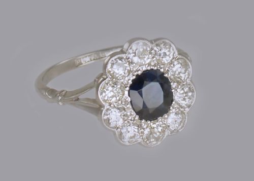 SAPPHIRE 150CT OLD CUT DIAMOND PLATINUM EDWARDIAN RING ANTIQUE ENGLISH CLUSTER RING - ADDITIONAL PHOTO 8